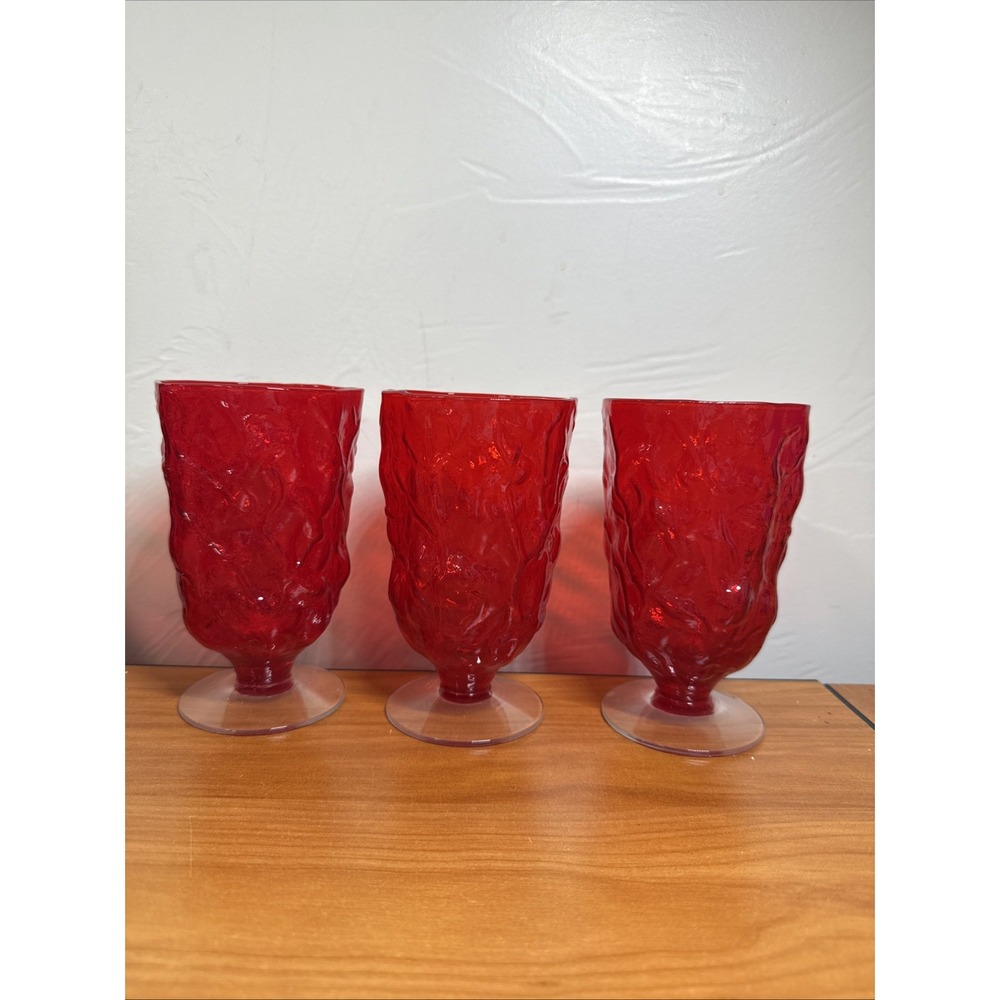 (3) VTG Morgantown Seneca Driftwood Red Footed Crinkle Water Goblet Glasses MCM